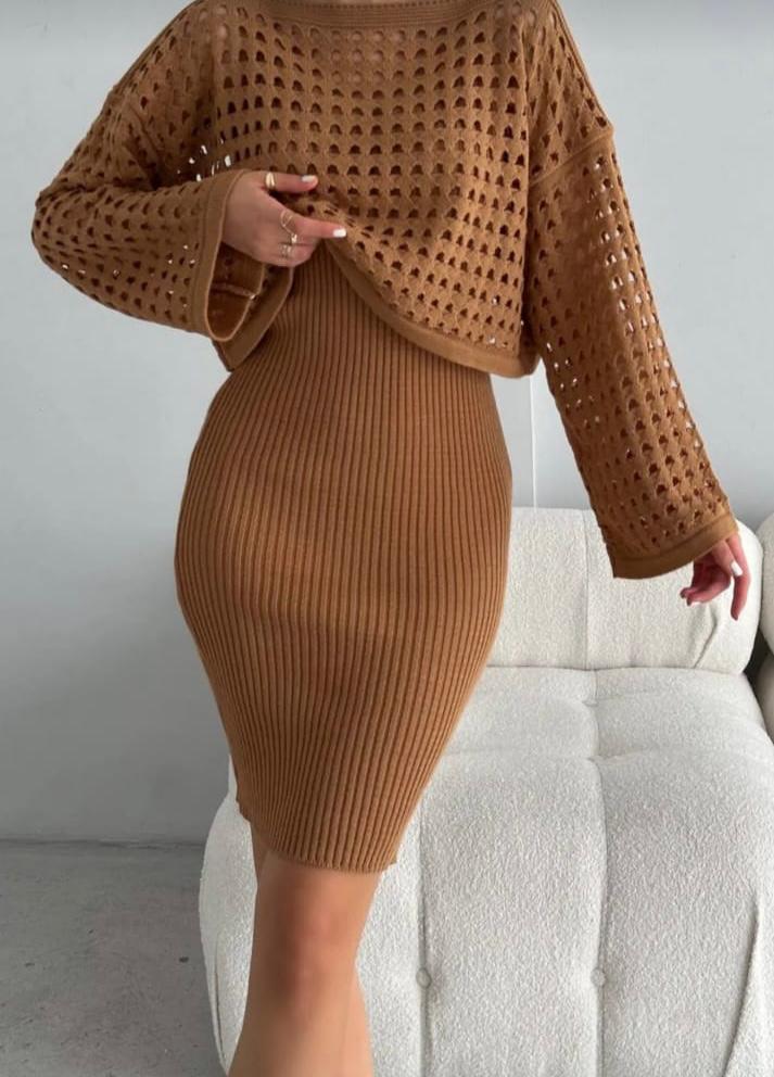 Kadın Taba  Elbise & Fileli Crop Takım