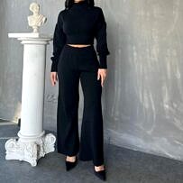 Kadın Siyah Balon Kol Crop & Pantolon Takım